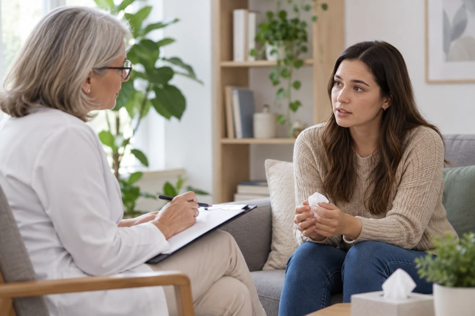 A woman talking with a provider in a private office